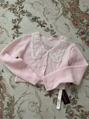 ROMWE Light Pink Ribbed Sweater with Lace Trim